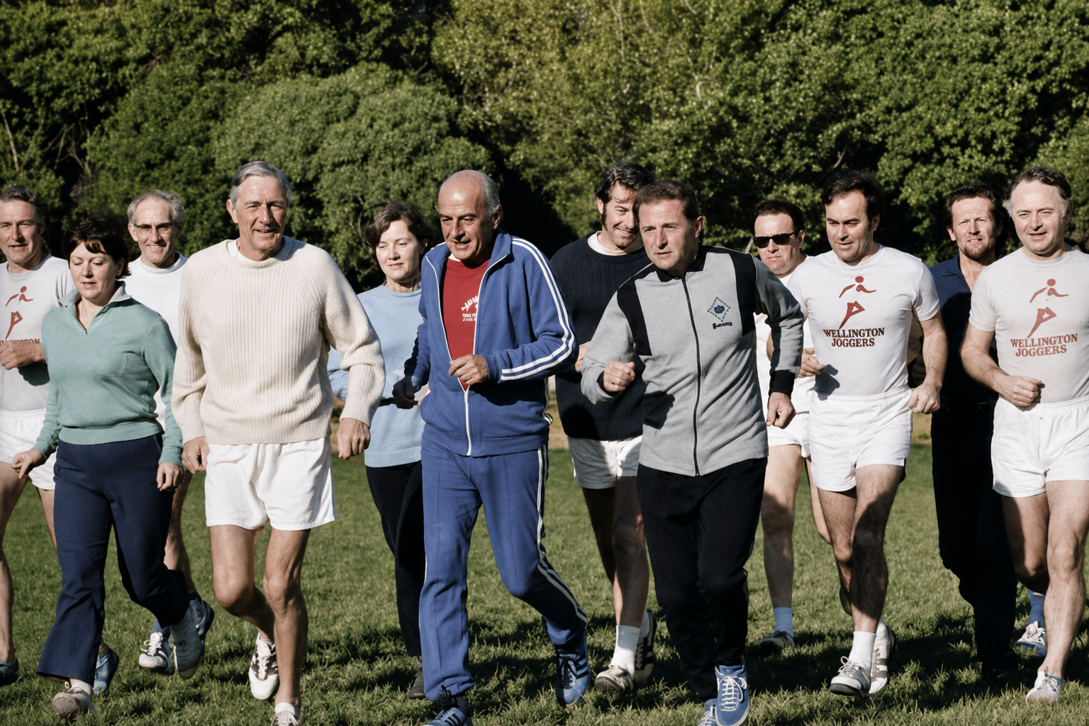 A mixed group of adult joggers running on grass, several in Wellington Joggers singlets