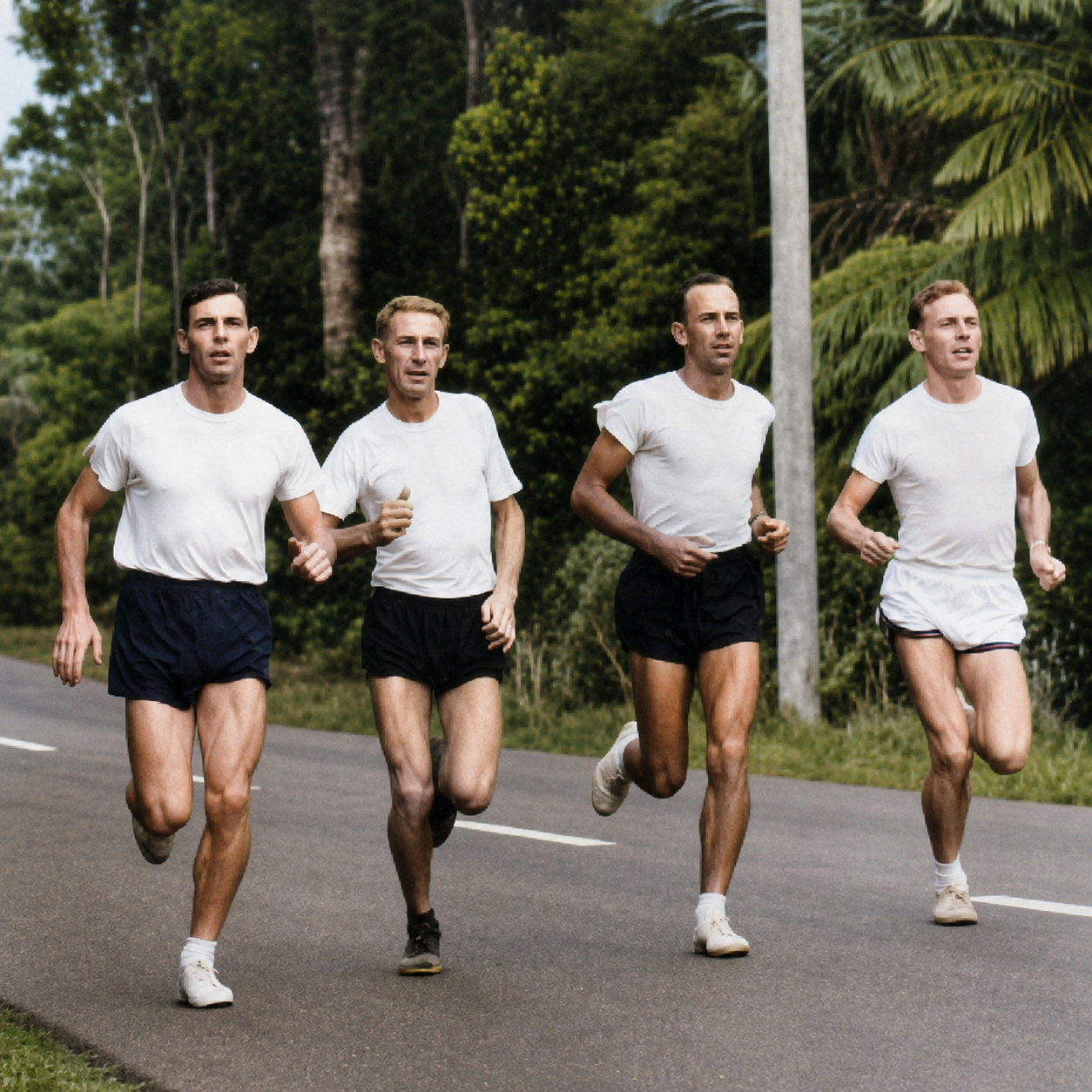Four runners in white singlets training together on a bush-lined road